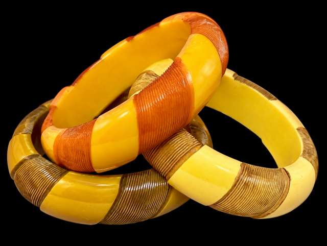 overdyed alternating fine line carved bakelite bangles